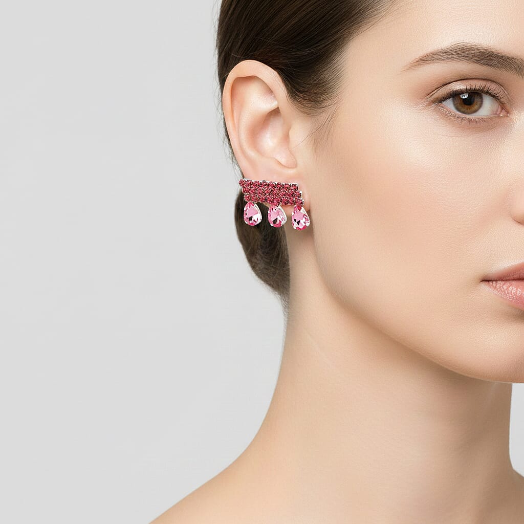 Pink Austrian Crystal Dripping Earrings in Silvertone