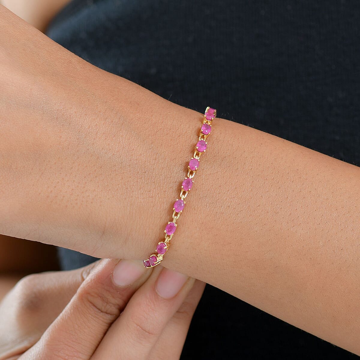 Doorbuster EverTrue Niassa Ruby (FF) 4.85 ctw River of Serenity Bracelet in 18K Yellow Gold Plated (6.50-8.0In) (Del. in 10-12 Days)  image number 2