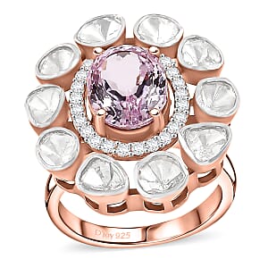 D'Joy Martha Rocha Kunzite, Lab Grown Polki Diamond Ring in 18K Vermeil RG Over Sterling Silver 5.10 ctw (Size 10.0) (Del. in 7-10 Days)