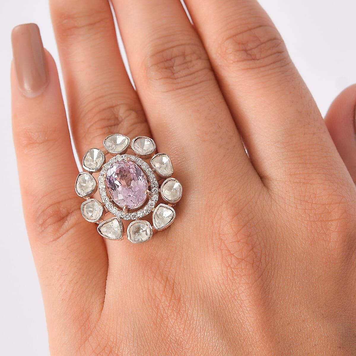 D'Joy Martha Rocha Kunzite, Lab Grown Polki Diamond Ring in 18K Vermeil RG Over Sterling Silver 5.10 ctw (Size 7.0) image number 2