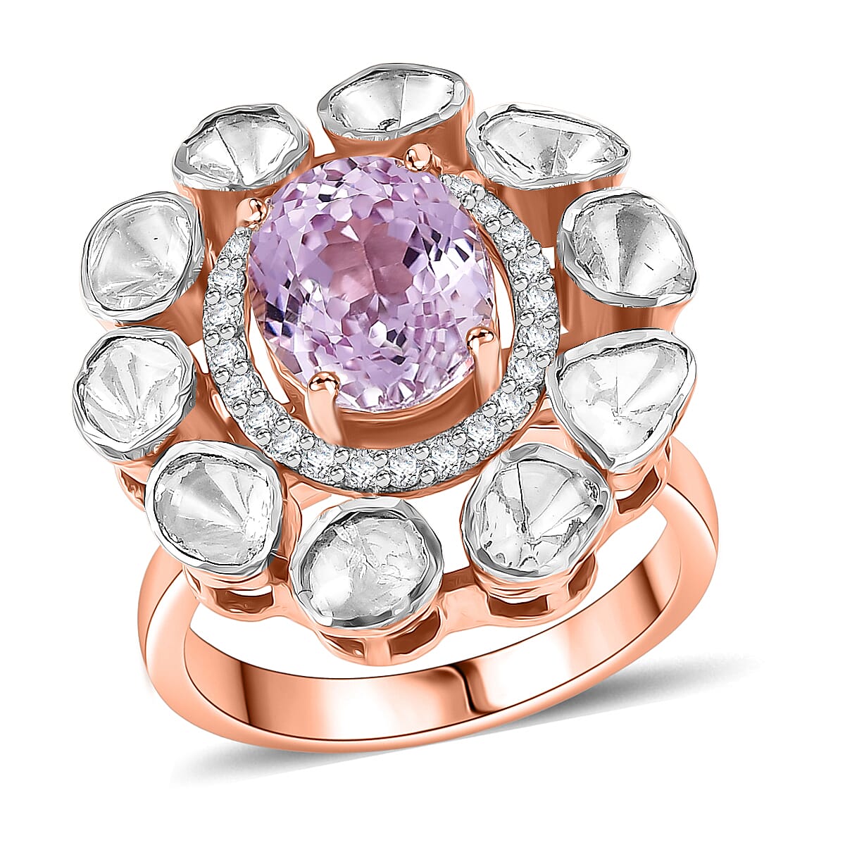 D'Joy Martha Rocha Kunzite, Lab Grown Polki Diamond (1.60 cts) Anemone Bloom Ring in 18K Vermeil RG Over Sterling Silver (Size 10.0) 5.10 ctw