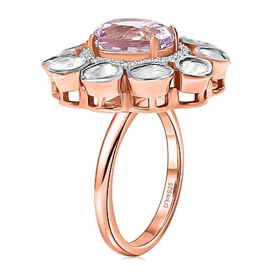 D'Joy Martha Rocha Kunzite, Lab Grown Polki Diamond Ring in 18K Vermeil RG Over Sterling Silver 5.10 ctw (Size 8.0)