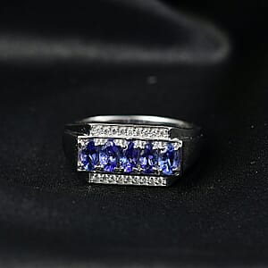 D'Joy AAA Tanzanite, White Zircon Men's Ring in Rhodium Over Sterling Silver 1.50 ctw (Size 10.0)
