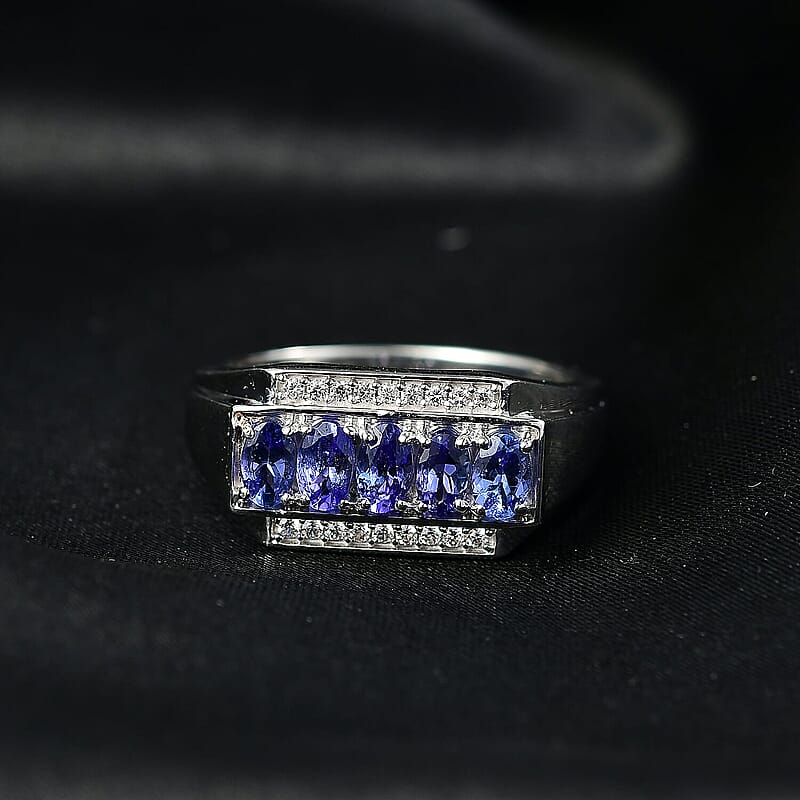 D'Joy AAA Tanzanite, White Zircon Men's Ring in Rhodium Over Sterling Silver 1.50 ctw (Size 10.0)