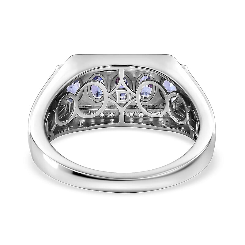 D'Joy AAA Tanzanite, White Zircon Men's Ring in Rhodium Over Sterling Silver 1.50 ctw (Size 10.0)