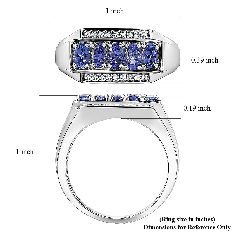 D'Joy AAA Tanzanite, White Zircon Men's Ring in Rhodium Over Sterling Silver 1.50 ctw (Size 10.0)