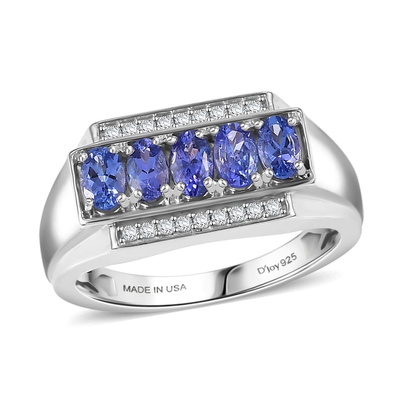 D'Joy AAA Tanzanite, White Zircon Men's Ring in Rhodium Over Sterling Silver 1.50 ctw (Size 11.0)