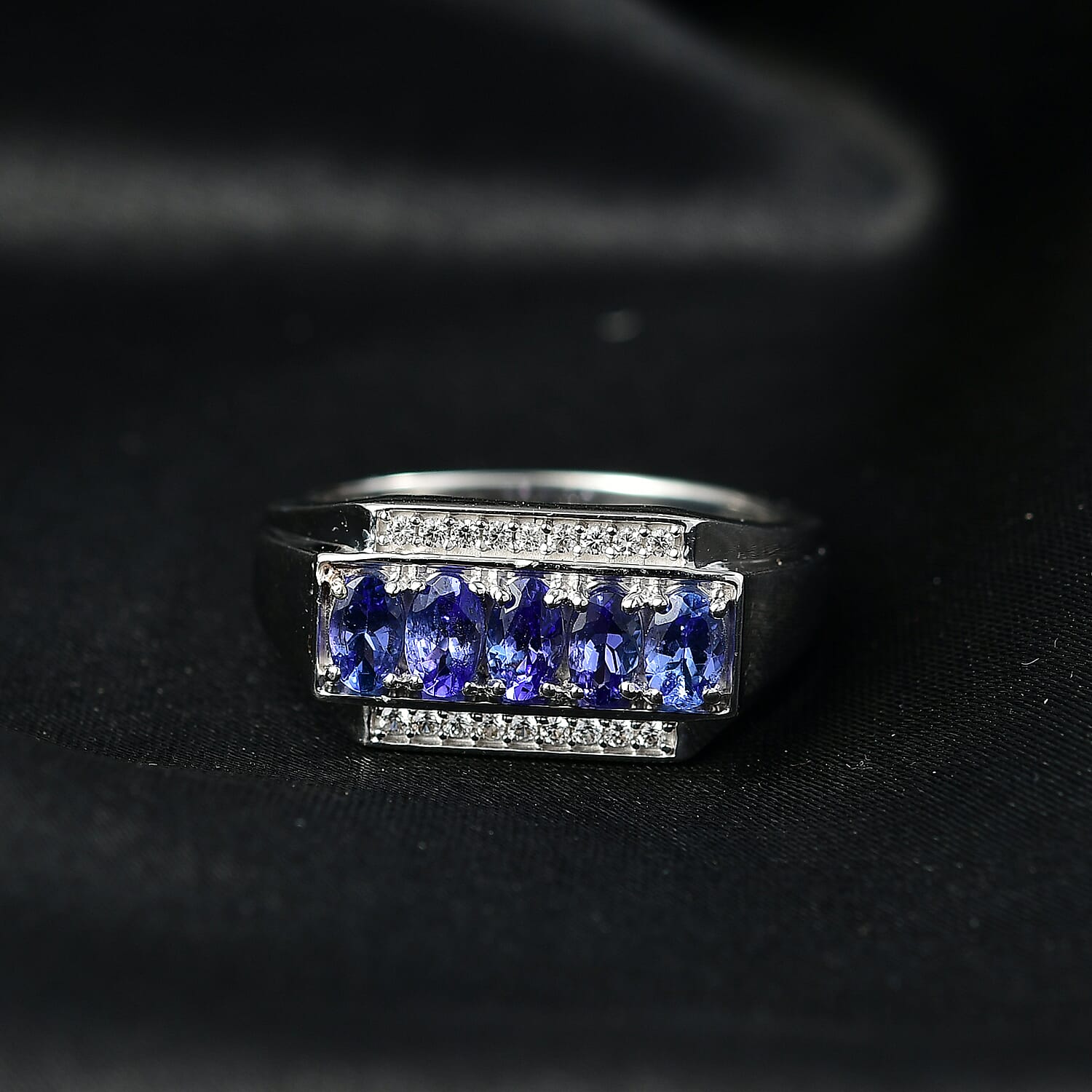 D'Joy AAA Tanzanite, White Zircon Men's Ring in Rhodium Over Sterling Silver 1.50 ctw (Size 11.0)