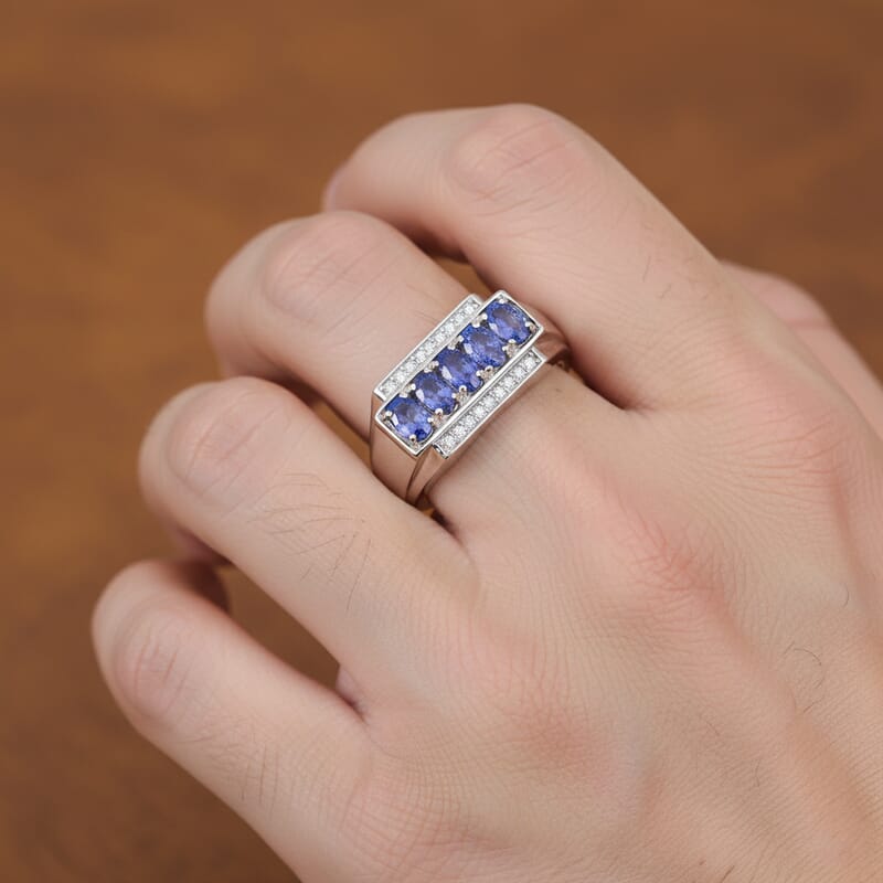 D'Joy AAA Tanzanite, White Zircon Men's Ring in Rhodium Over Sterling Silver 1.50 ctw (Size 11.0)