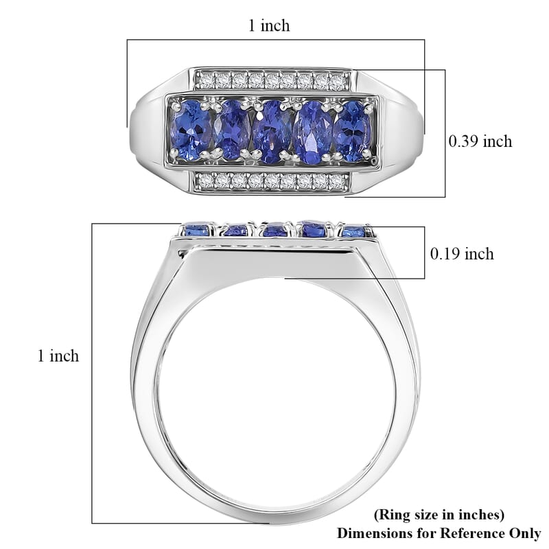 D'Joy AAA Tanzanite, White Zircon Men's Ring in Rhodium Over Sterling Silver 1.50 ctw (Size 11.0)