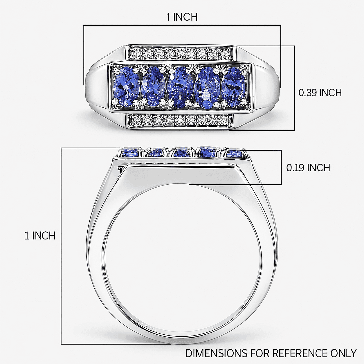 D'Joy AAA Tanzanite, White Zircon Men's Ring in Rhodium Over Sterling Silver 1.50 ctw (Size 11.0)