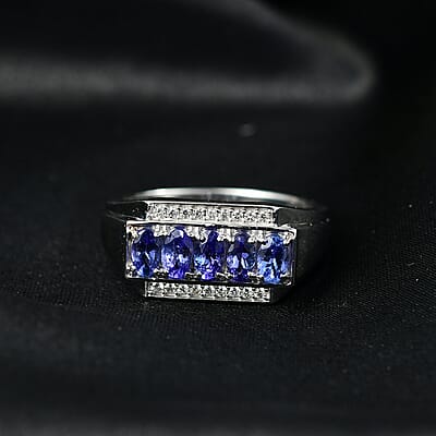 D'Joy AAA Tanzanite, White Zircon Men's Ring in Rhodium Over Sterling Silver 1.50 ctw (Size 12.0)
