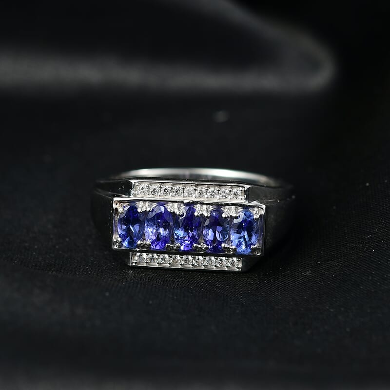 D'Joy AAA Tanzanite, White Zircon Men's Ring in Rhodium Over Sterling Silver 1.50 ctw (Size 12.0)