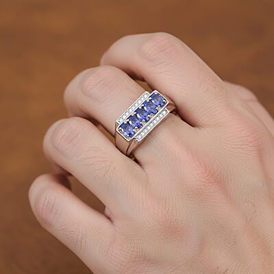 D'Joy AAA Tanzanite, White Zircon Men's Ring in Rhodium Over Sterling Silver 1.50 ctw (Size 12.0)