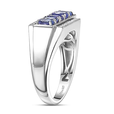 D'Joy AAA Tanzanite, White Zircon Men's Ring in Rhodium Over Sterling Silver 1.50 ctw (Size 12.0)