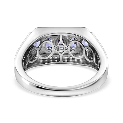 D'Joy AAA Tanzanite, White Zircon Men's Ring in Rhodium Over Sterling Silver 1.50 ctw (Size 12.0)
