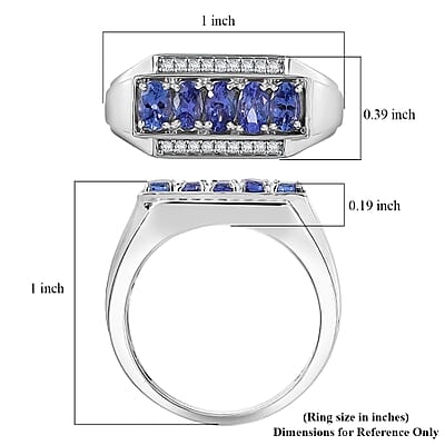 D'Joy AAA Tanzanite, White Zircon Men's Ring in Rhodium Over Sterling Silver 1.50 ctw (Size 12.0)