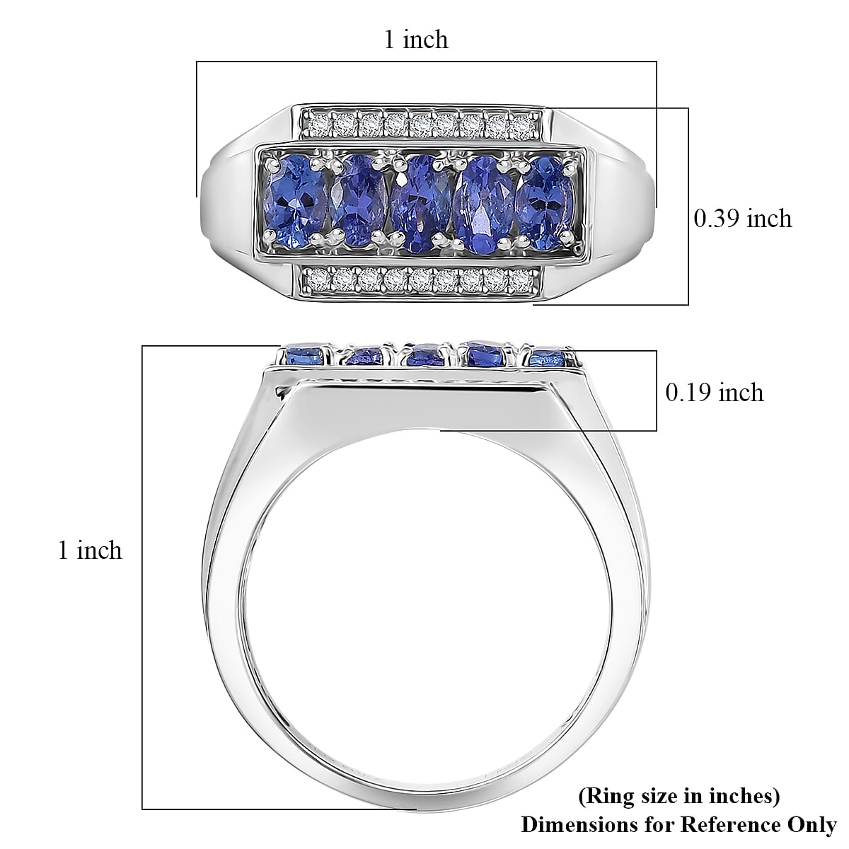 D'Joy AAA Tanzanite and White Zircon 1.50 ctw Men's Ring in Rhodium Over Sterling Silver (Size 13.0) image number 5