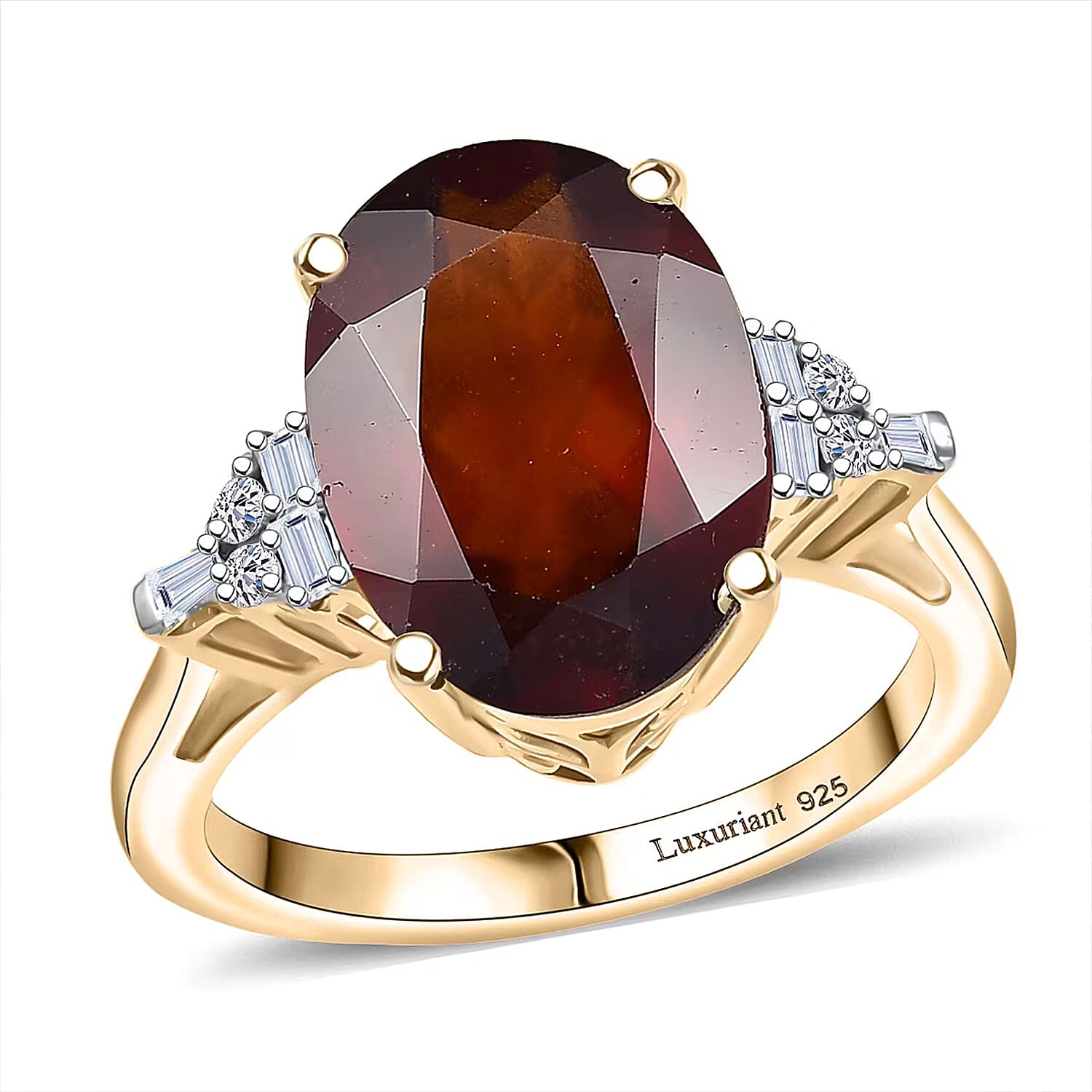 AAA Ceylon Honey Garnet, Luxuriant Lab Grown Diamond (G-H, SI) (0.15 cts) Flame of Passion Ring in 18K Vermeil YG Over Sterling Silver (Size 10.0) 6.65 ctw