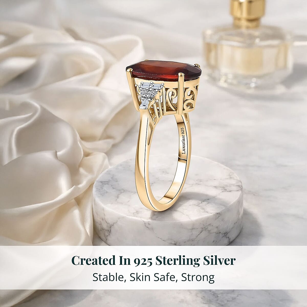 AAA Ceylon Honey Garnet, Lab Grown Diamond of Passion Ring in 18K Vermeil YG Over Sterling Silver 7.65 ctw (Size 9.0) image number 2