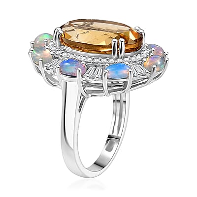 D'Joy Brazilian Citrine, Multi Gemstone  Ring in Rhodium Over Sterling Silver 12.30 ctw (Size 10.0)