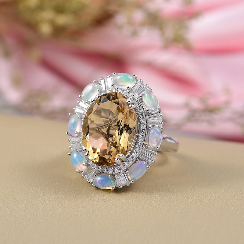 D'Joy Brazilian Citrine, Multi Gemstone  Ring in Rhodium Over Sterling Silver 12.30 ctw (Size 7.0)
