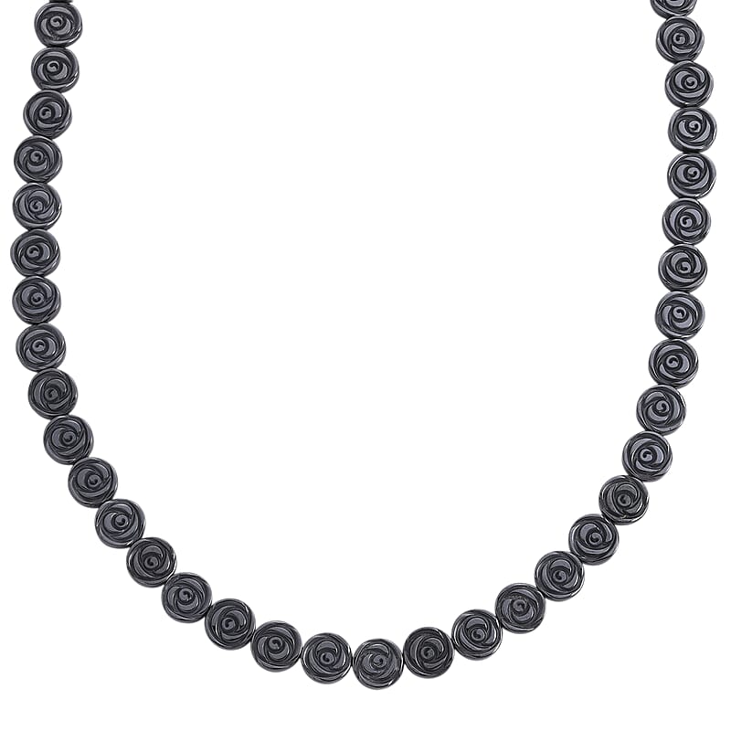 Hematite Carved Rose Flower Necklace in Silvertone 337.00 ctw (21- 23 Inches)