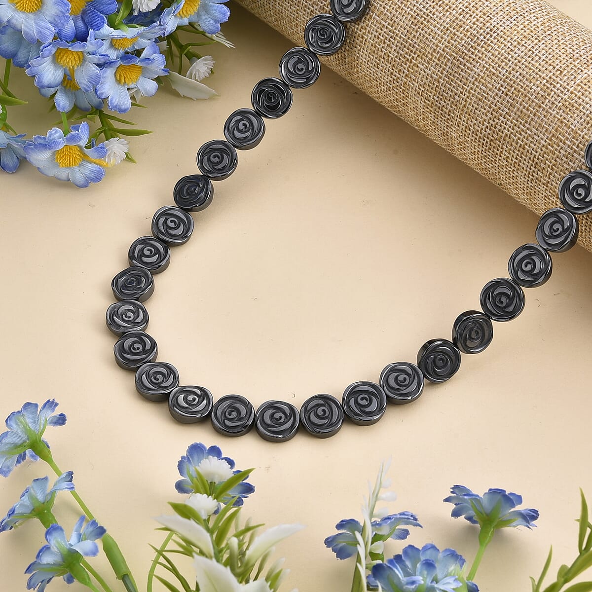 Doorbuster Hematite 337.00 ctw Carved Rose Flower Necklace in Silvertone 21- 23 Inches image number 1