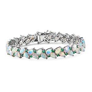 D'Joy Premium Ethiopian Welo Opal and Kagem Zambian Emerald 13.35 ctw Vine Leaf Bracelet in Rhodium Over Sterling Silver (7.25 In) (Del. in 5-7 Days)
