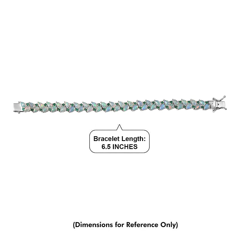 D'Joy Premium Ethiopian Welo Opal and Kagem Zambian Emerald 12.00 ctw Vine Leaf Bracelet in Rhodium Over Sterling Silver (6.50 In)
