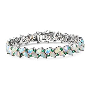 D'Joy Premium Ethiopian Welo Opal and Kagem Zambian Emerald 15.00 ctw Vine Leaf Bracelet in Rhodium Over Sterling Silver (8.00 In)