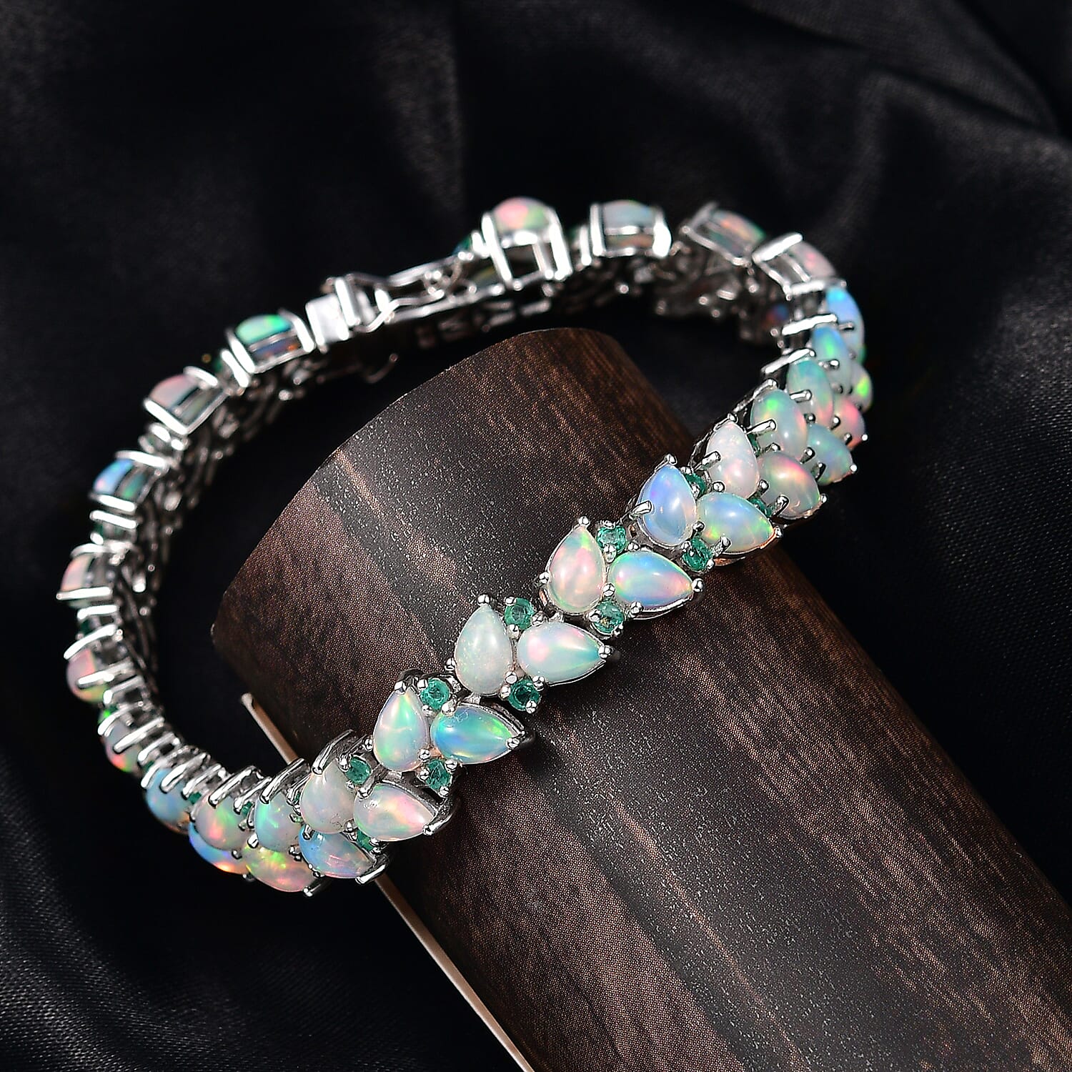 D'Joy Premium Ethiopian Welo Opal and Kagem Zambian Emerald 15.00 ctw Vine Leaf Bracelet in Rhodium Over Sterling Silver (8.00 In)