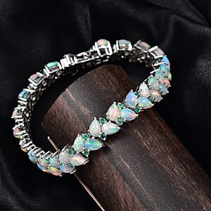 D'Joy Premium Ethiopian Welo Opal and Kagem Zambian Emerald 15.00 ctw Vine Leaf Bracelet in Rhodium Over Sterling Silver (8.00 In)
