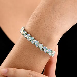 D'Joy Premium Ethiopian Welo Opal and Kagem Zambian Emerald 15.00 ctw Vine Leaf Bracelet in Rhodium Over Sterling Silver (8.00 In)