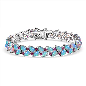 D'Joy Premium Ethiopian Welo Opal and Niassa Ruby (FF) 16.20 ctw Vine Leaf Bracelet in Rhodium Over Sterling Silver (7.25 In)