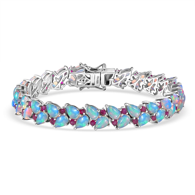 D'Joy Premium Ethiopian Welo Opal and Niassa Ruby (FF) 16.20 ctw Vine Leaf Bracelet in Rhodium Over Sterling Silver (7.25 In)