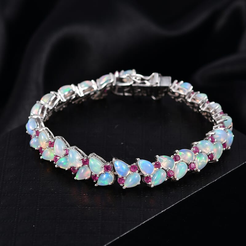 D'Joy Premium Ethiopian Welo Opal and Niassa Ruby (FF) 16.20 ctw Vine Leaf Bracelet in Rhodium Over Sterling Silver (7.25 In)