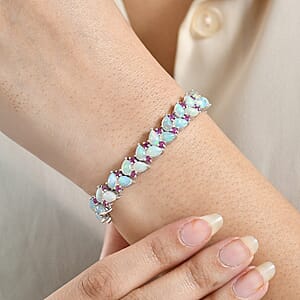 D'Joy Premium Ethiopian Welo Opal and Niassa Ruby (FF) 16.20 ctw Vine Leaf Bracelet in Rhodium Over Sterling Silver (7.25 In)