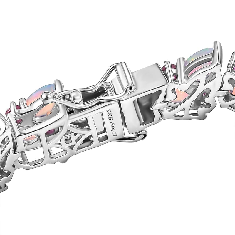D'Joy Premium Ethiopian Welo Opal and Niassa Ruby (FF) 16.20 ctw Vine Leaf Bracelet in Rhodium Over Sterling Silver (7.25 In)