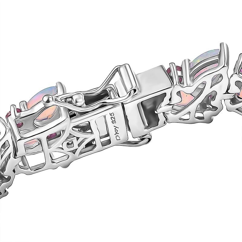 D'Joy Premium Ethiopian Welo Opal and Niassa Ruby (FF) 16.20 ctw Vine Leaf Bracelet in Rhodium Over Sterling Silver (7.25 In)
