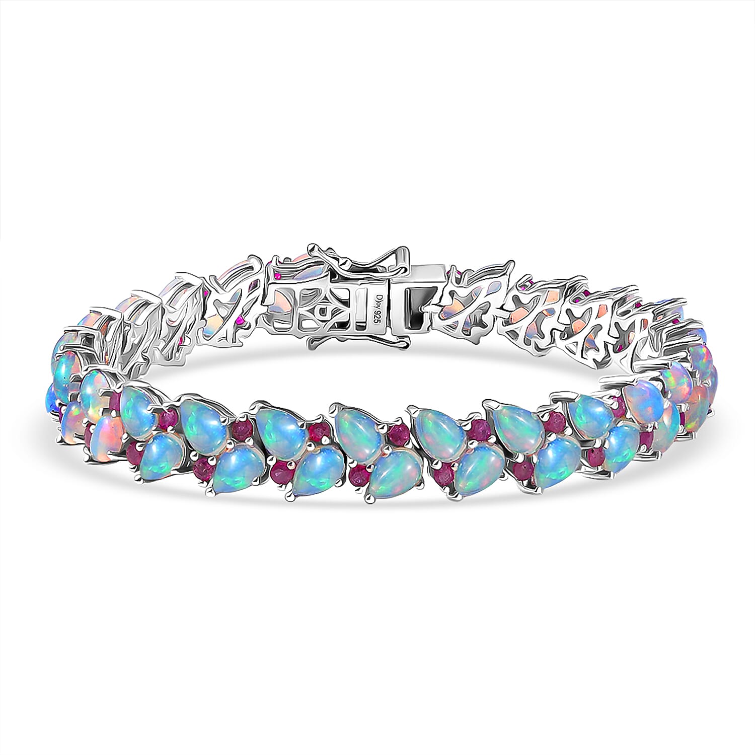 D'Joy Premium Ethiopian Welo Opal, Kagem Zambian Emerald Bracelet in Rhodium Over Sterling Silver (7.25 In) 13.35 ctw