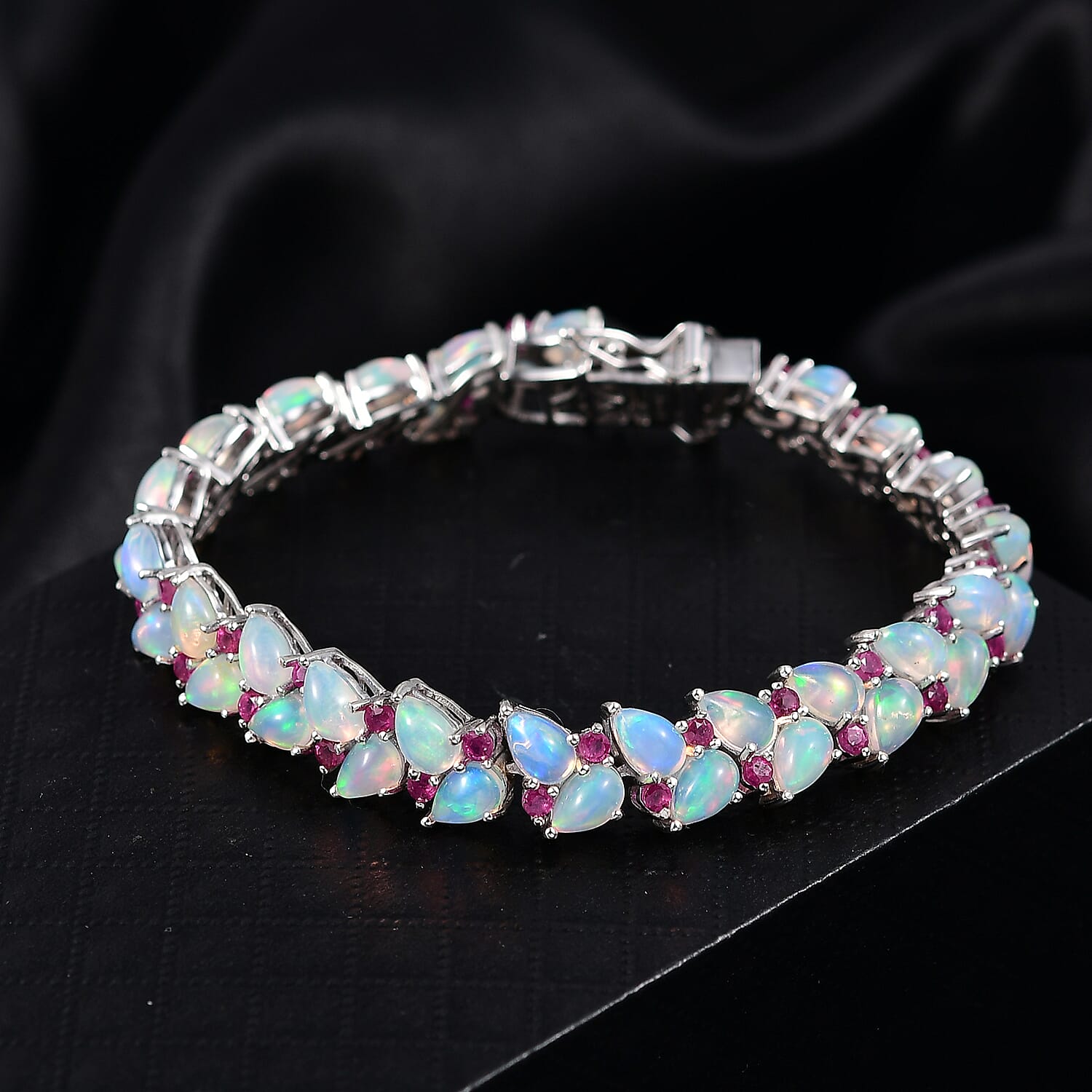 D'Joy Premium Ethiopian Welo Opal and Niassa Ruby (FF) 14.90 ctw Vine Leaf Bracelet in Rhodium Over Sterling Silver (6.50 In)