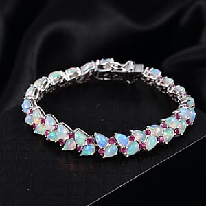 D'Joy Premium Ethiopian Welo Opal and Niassa Ruby (FF) 18.25 ctw Vine Leaf Bracelet in Rhodium Over Sterling Silver (8.00 In)