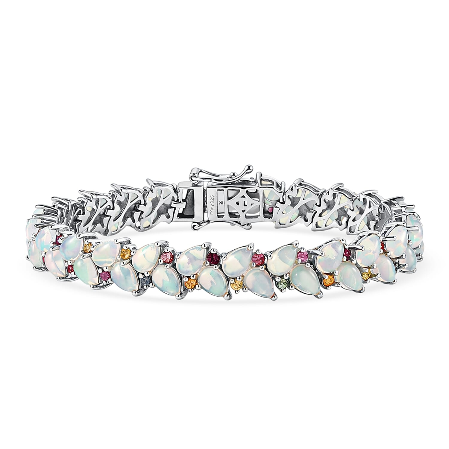 D'Joy Premium Ethiopian Welo Opal and Multi Sapphire 12.90 ctw Vine Leaf Bracelet in Rhodium Over Sterling Silver (6.50 In)
