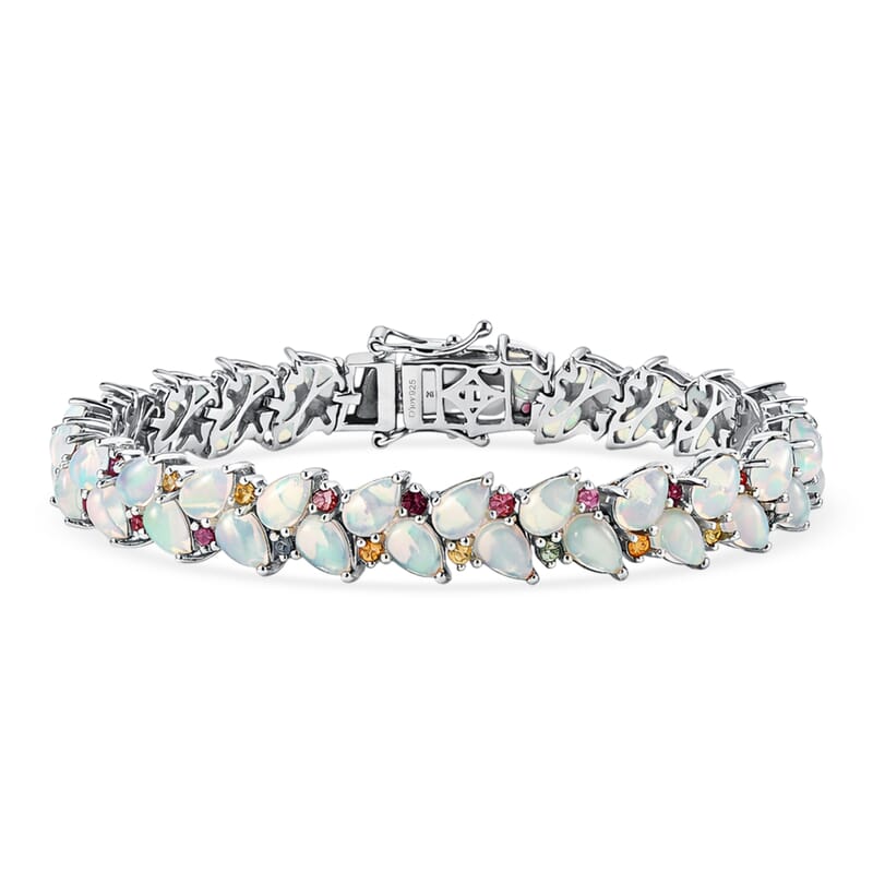D'Joy Premium Ethiopian Welo Opal and Multi Sapphire 12.90 ctw Vine Leaf Bracelet in Rhodium Over Sterling Silver (6.50 In)