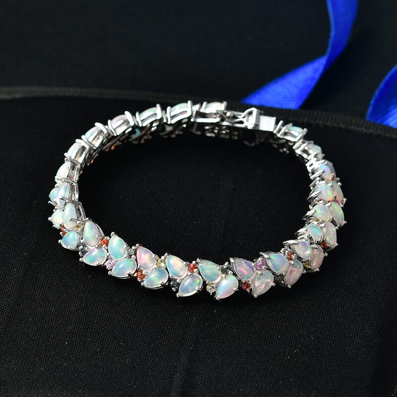 D'Joy Premium Ethiopian Welo Opal and Multi Sapphire 12.90 ctw Vine Leaf Bracelet in Rhodium Over Sterling Silver (6.50 In)