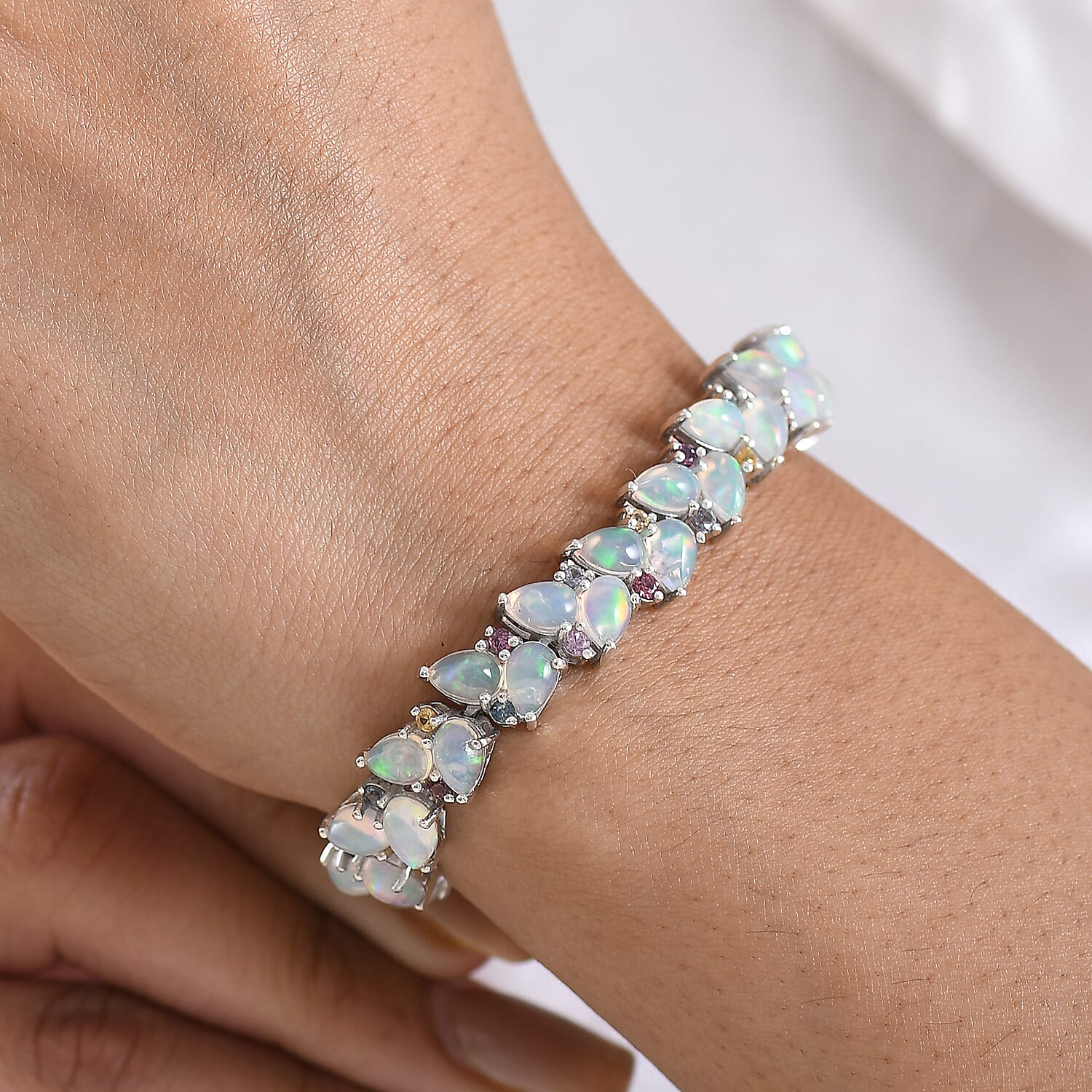 D'Joy Premium Ethiopian Welo Opal and Multi Sapphire 12.90 ctw Vine Leaf Bracelet in Rhodium Over Sterling Silver (6.50 In)
