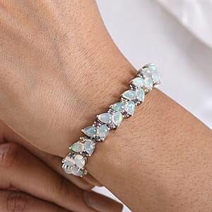 D'Joy Premium Ethiopian Welo Opal and Multi Sapphire 12.90 ctw Vine Leaf Bracelet in Rhodium Over Sterling Silver (6.50 In)