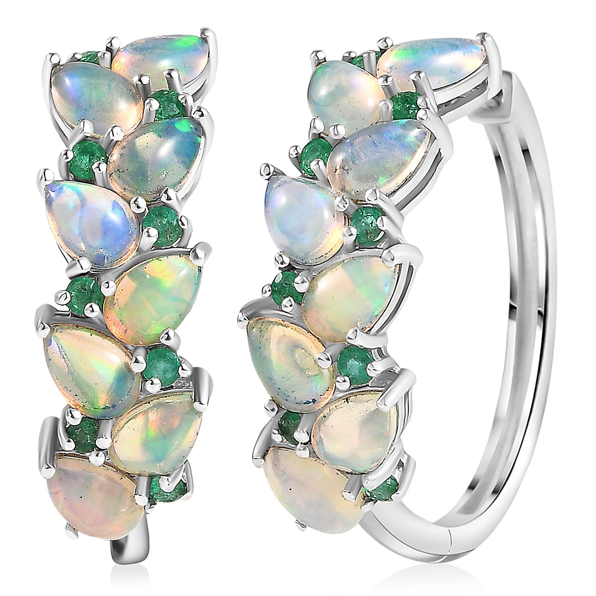 D'Joy Premium Ethiopian Welo Opal and Kagem Zambian Emerald 4.40 ctw Vine Leaf Earrings in Rhodium Over Sterling Silver