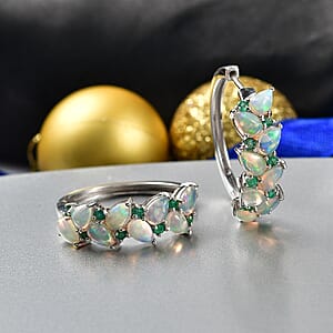 D'Joy Premium Ethiopian Welo Opal and Kagem Zambian Emerald 4.40 ctw Earrings in Rhodium Over Sterling Silver